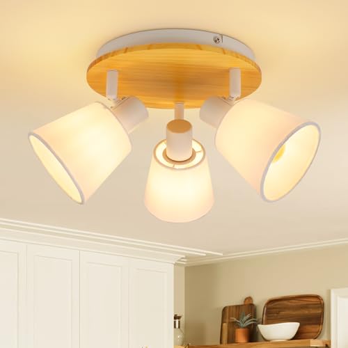 Ketom E14 Deckenstrahler LED Holz Schwenkbar 350° - Strahler Deckenleuchte 3 Flammig Rund - Stoff Deckenlampe Spots Weiß für Küche, Wohnzimmer, Schlafzimmer - Ohne Leuchtmittel von Ketom