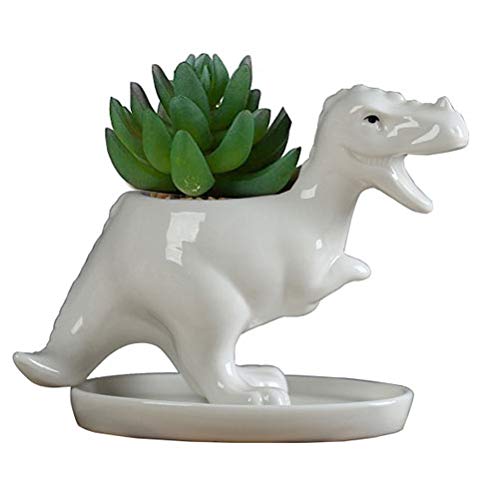 KiaoTime Weiße Keramik-Sukkulenten-Übertöpfe in Dinosaurier-Form, kleine Pflanzgefäße, Bonsai-Pflanze, Dino-Töpfe, Vase, Behälter, Kaktus, Schreibtisch, Tierdekoration, Stifthalter, Kindergartentöpfe von KiaoTime