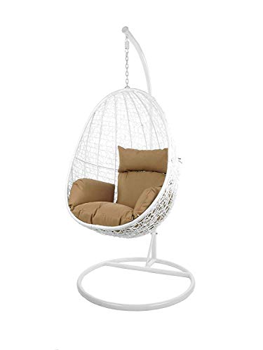 Kideo Swing Chair, Lounge-Möbel, Loungesessel Polyrattan, Hängestuhl, Hängesessel mit Gestell & Kissen (weiß/braun) von Kideo