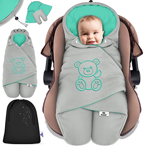 KIDIZ® Baby Einschlagdecke Winter mit Kapuze +Tasche Babyeinschlagdecke Universal für Babyschale, Autositz, z.B. für Maxi-Cosi, Römer für Buggy Babybett Kinderwagen & alle Gurtsysteme 3 & 5-Punkt Gurt von Kidiz