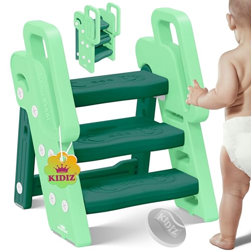 KIDIZ® Tritthocker für Kinder Trittleiter Klappbar mit 3 Stufen | Faltbarer Lern-Turm ab 18 Monaten bis 6 Jahren | Robust | Sicherer & Stabiler Trittschemel | Höhenverstellbar rutschfest von Kidiz