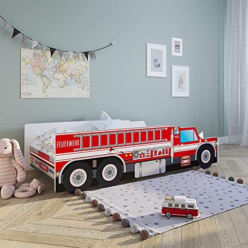 Kids Collective Autobett 70x140 cm Spielbett Kinderbett mit Rausfallschutz und Lattenrost 140 x 70 Feuerwehr Auto Bett Kinder Wagen von Kids Collective