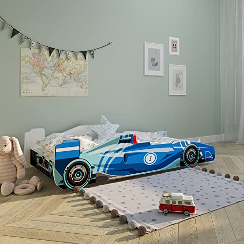 Kids Collective Autobett Kinderbett Jugendbett 80x160 mit Rausfallschutz & Matratze | Kinder Spielbett Sportauto Sportwagen Rennwagen in blau von Kids Collective