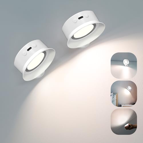 Kimimara 2 Stück LED Wandlampe Akku Innen Wandleuchte 5 Helligkeitsstufen 360°drehbare Für Wohnzimmer Schlafzimmer Treppenhausflur Kabellose Wandleuchten von Kimimara