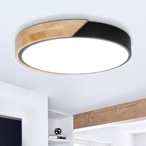 Kimjo LED Deckenleuchte Holz Rund - Deckenlampe Schwarz Holz 24W Kaltweiß 6000K - Deckenlampe Wohnzimmer Holz 30cm für Schlafzimmer Küche Korridor Verandas von Kimjo
