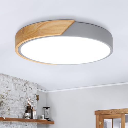 Kimjo LED Deckenleuchte Holz Rund - Grau Deckenlampe Holz 24W Kaltweiß 6000K - Deckenlampe Wohnzimmer Holz 30cm für Schlafzimmer Küche Korridor Verandas von Kimjo