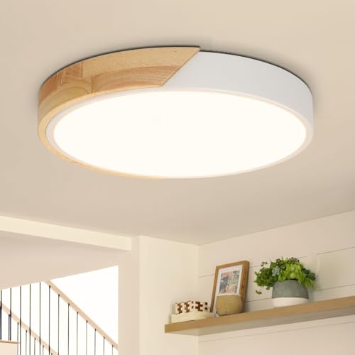 Kimjo LED Deckenleuchte Holz Rund - Deckenlampe Holz Weiss Warmweiß 3000K 24W - Deckenlampe Wohnzimmer Holz 30cm für Schlafzimmer Küche Korridor Verandas von Kimjo