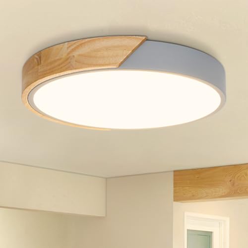 Kimjo LED Deckenleuchte Holz Rund - Grau Deckenlampe Warmweiß Holz 24W 3000K - Deckenlampe Wohnzimmer Holz 30cm für Schlafzimmer Küche Korridor Verandas von Kimjo