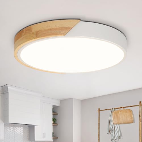 Kimjo LED Deckenleuchte Holz Rund - Deckenlampe Holz Weiss 24W Neutralweiß 4500K - Deckenlampe Wohnzimmer Holz 30cm für Schlafzimmer Küche Korridor Verandas von Kimjo