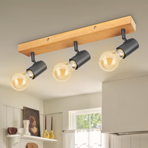 Kimjo Led Deckenstrahler Schwarz 3 Flammig Schwenkbar - Deckenleuchte Strahler E27 Deckenlampe Spots Vintage - Holz Deckenspot Lampe Spotbalken für Wohnzimmer Küche Schlafzimmer(Ohne Leuchtmittel) von Kimjo