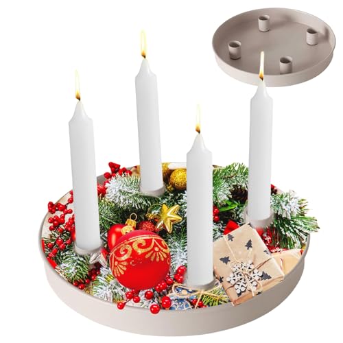 Metall Adventskranz mit 4 magnetischen Stab-Kerzenhaltern für Kerzen bis 2 cm Durchmesser,25cm Rund Kerzentablett Adventskranz Weihnachten Deko (Khaki) von KinMokusei