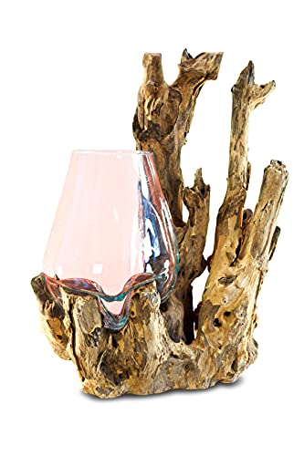 Kinaree Geschmolzenes Glas auf Wurzelholz - Glasschale auf Wurzel - Teak Holz mit Glasvase oder Schale (Glas 30-50 x 35 cm) von Kinaree