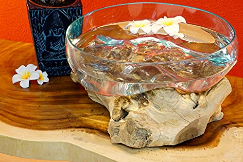 Geschmolzenes Glas auf Wurzelholz - Glasschale auf Wurzel - Teak Holz mit Glasvase oder Schale (Schale 20 x 40 cm) von Kinaree