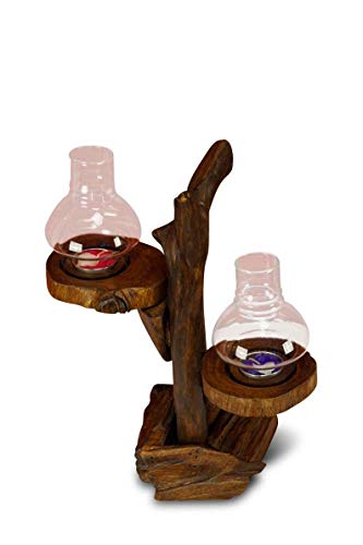 Kerzenständer Baum - Windlicht in Baumoptik - 2 bis 5 Lichter mit Glasaufsatz und Kerze - Teelichthalter rustikal (2 Lichter Braun) von Kinaree