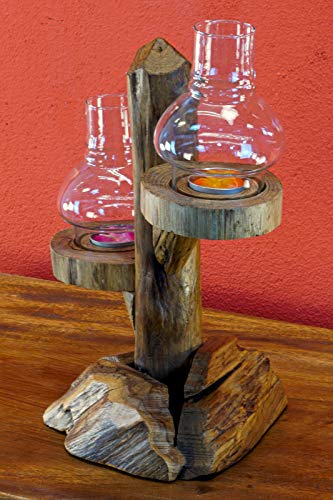 Kerzenständer Baum - Windlicht in Baumoptik - 2 bis 5 Lichter mit Glasaufsatz und Kerze - Teelichthalter rustikal (2 Lichter Natur) von Kinaree