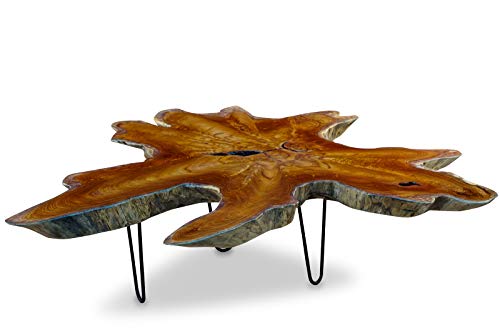Teak Couchtisch LUHU - 120x120cm Tischplatte aus massiver Wurzelholz Baumscheibe im rustikalen Landhausstil, geeignet für Wohnzimmer, Wintergarten oder als Kaffeetisch von Kinaree