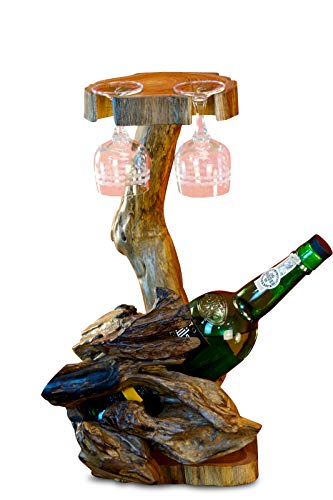 Teak Flaschenständer L - Wurzelholz Flaschenhalter - 41cm Edel und Dekorativ für 1 Flasche und 2 Gläser (Natur) von Kinaree