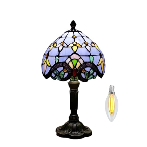 Kinbolas 8 "Tischlampe Tiffany-Stil Buntglas Lampenschirme Vintage Schreibtischlampe Kleine Nachttischlampe Schlafzimmer Wohnzimmer Büro Lesen Antik Art Deco(Color:HUAHAOBLK8-BLUE) von Kinbolas