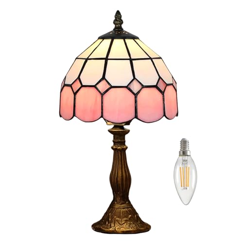 Kinbolas Tischlampe Im Tiffany-stil, Art-deco-beleuchtung Handgefertigte Buntglaslampenschatten Kleiner Nacht Nachtte Schlafzimmerlampe, Wohnzimmer, Mediterraner Tischdekoration Licht (Color:Pink 2) von Kinbolas