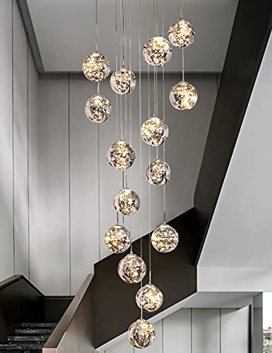 Kinbolas Pendelleuchte mit 15 Glaskugeln,Höhenverstellbar für Treppe,Flur,mit LED-Schnur 4000K-60×300CM,Grau von Kinbolas