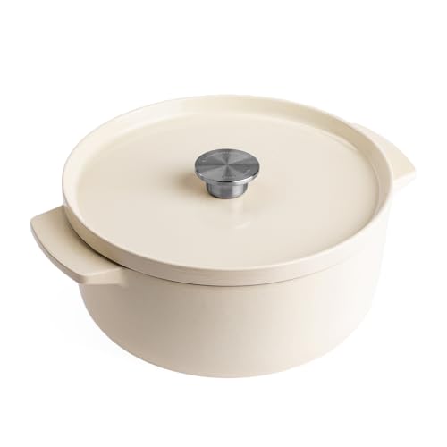 KitchenAid Cast Iron 26cm/5,2L Kasserolle mit Deckel, Hochwertig, Robust & Langlebig,Anbraten,Bräunen,Braten,PFAS-freie Emaille Innenseite,Induktion,Ergonomischer Griff,Ofenfest bis 260°C,Almond Cream von KitchenAid