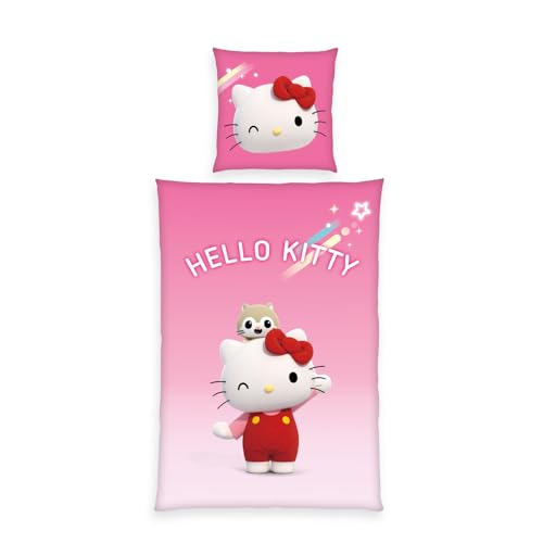 Herding Bettwäsche Hello Kitty, Kopfkissenbezug 80 x 80 cm mit Wende-Motiv, Bettbezug 135 x 200 cm, Mit Reißverschluss, 100% Baumwolle/Renforcé von Klaus Herding GmbH