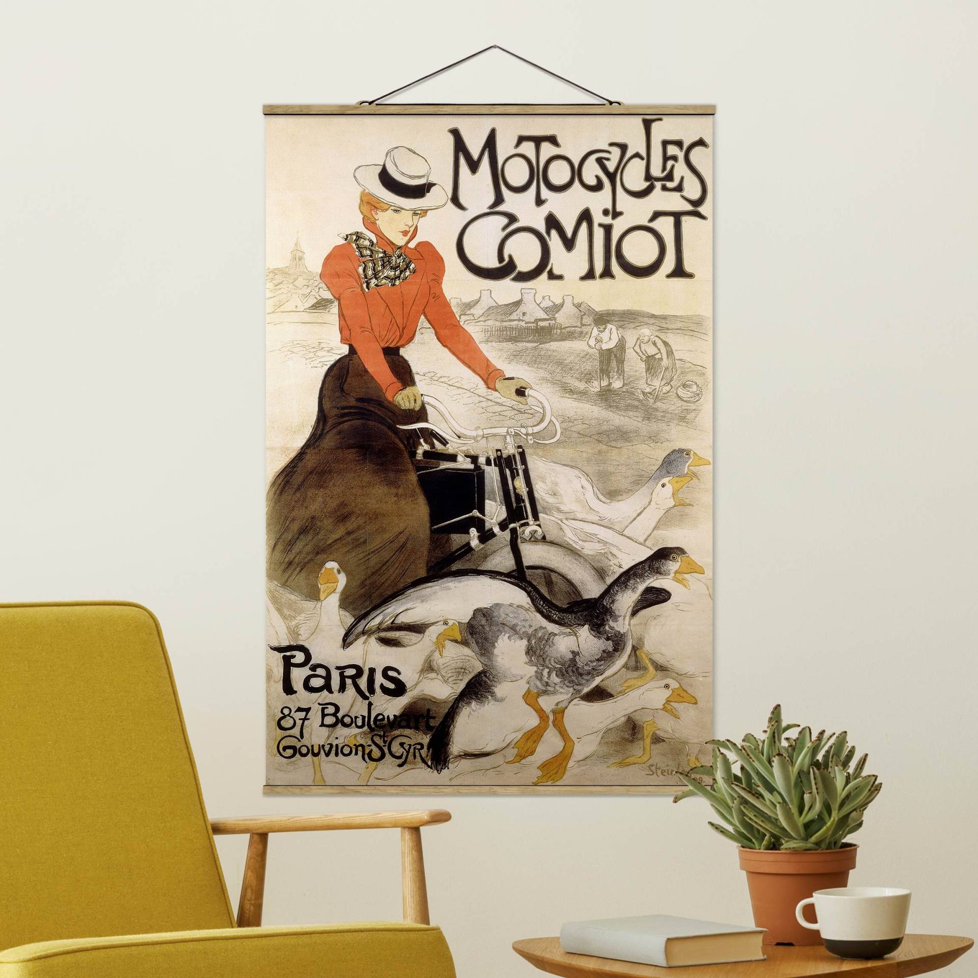 Stoffbild mit Posterleisten Théophile-Alexandre Steinlen - Werbeplakat für Motorcycles Comiot von Klebefieber