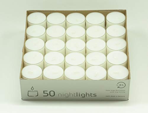 Kleine Teelichte - 50 Stück - Farbe: Weiß - Brenndauer: 8 Stunden - Hochwertige Nightlights von Klocke Kerzen