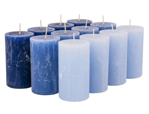 Rustikale Stumpenkerzen – 12 Stück - Wachskerzen/Rustickerzen/Adventskerzen Weihnachten (Blau-Mix, Standard: Höhe 11cm / Ø 6cm) von Klocke Kerzen