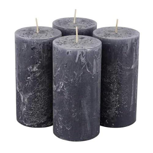 Rustikale Stumpenkerzen – 4 Stück - Wachskerzen/Rustickerzen/Adventskerzen Weihnachten (Anthrazit, Groß: Höhe 14cm / Ø 7cm) von Klocke Kerzen