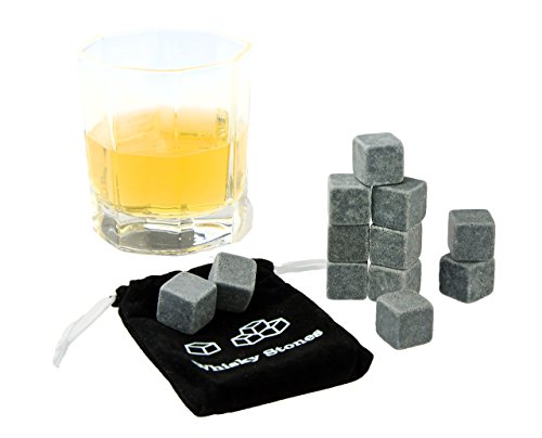 KOBERT GOODS - 12 Whisky-Steine in Farbe Grau Eckig - wiederverwendbare Kühlsteine aus echtem Speckstein od. gebürstetem Edelstahl - Eiswürfelersatz (eckig/ oval) für perfekte Kühlung ohne Verwässerung - mit Stoffbeutel von Kobert-Goods