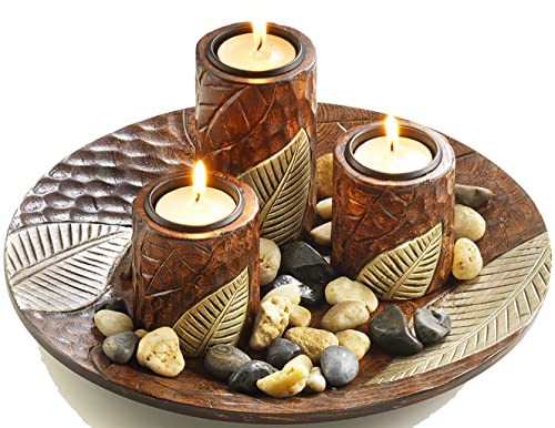 Kobolo Teelichthalter Dekoschale braun rund mit DREI Kerzenhaltern von Kobolo