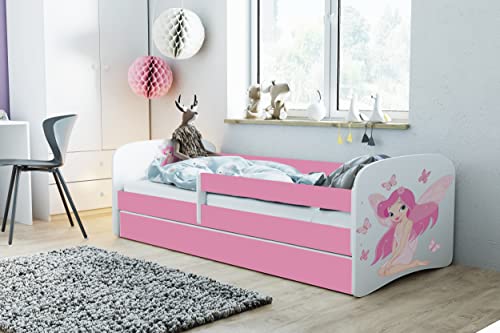 Bjird Kinderbett Jugendbett 70x140 80x160 80x180 Rosa mit Rausfallschutz Schublade und Lattenrost Kinderbetten für Mädchen - Fee mit Schmetterlingen 160 cm von Bjird