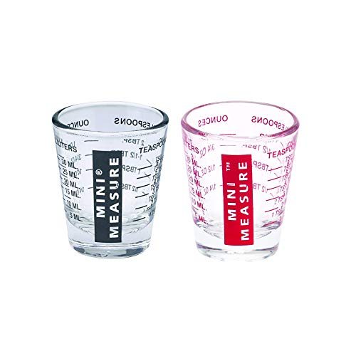 Mini Measure Mehrzweck-Schnapsglas für Flüssigkeits- und Trockenmessung, schweres Glas, 26 Messungen für Teelöffel, Esslöffel, Unzen und Milliliter Messgläser Set of 2 rot/schwarz von Kolder