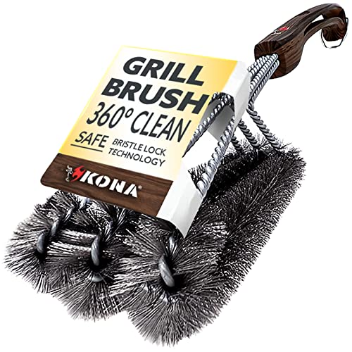 Kona 360 Clean Grillbürste – 45,7 cm beste BBQ Grillbürste – Holzmaserung Designer Griff – Edelstahl 3-in-1 Grillreiniger bietet mühelose Reinigung von Kona