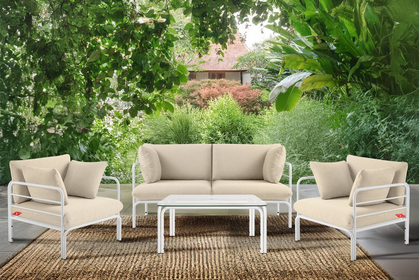 Konsimo Gartenlounge-Set RAMBE Gartenmöbelset, hergestellt in der EU, (4-tlg., 1x Tisch, 2x Sessel, 1x Sofa 2-Sitzer), handgefertigt, Loft-Stil, mit Kissen von Konsimo