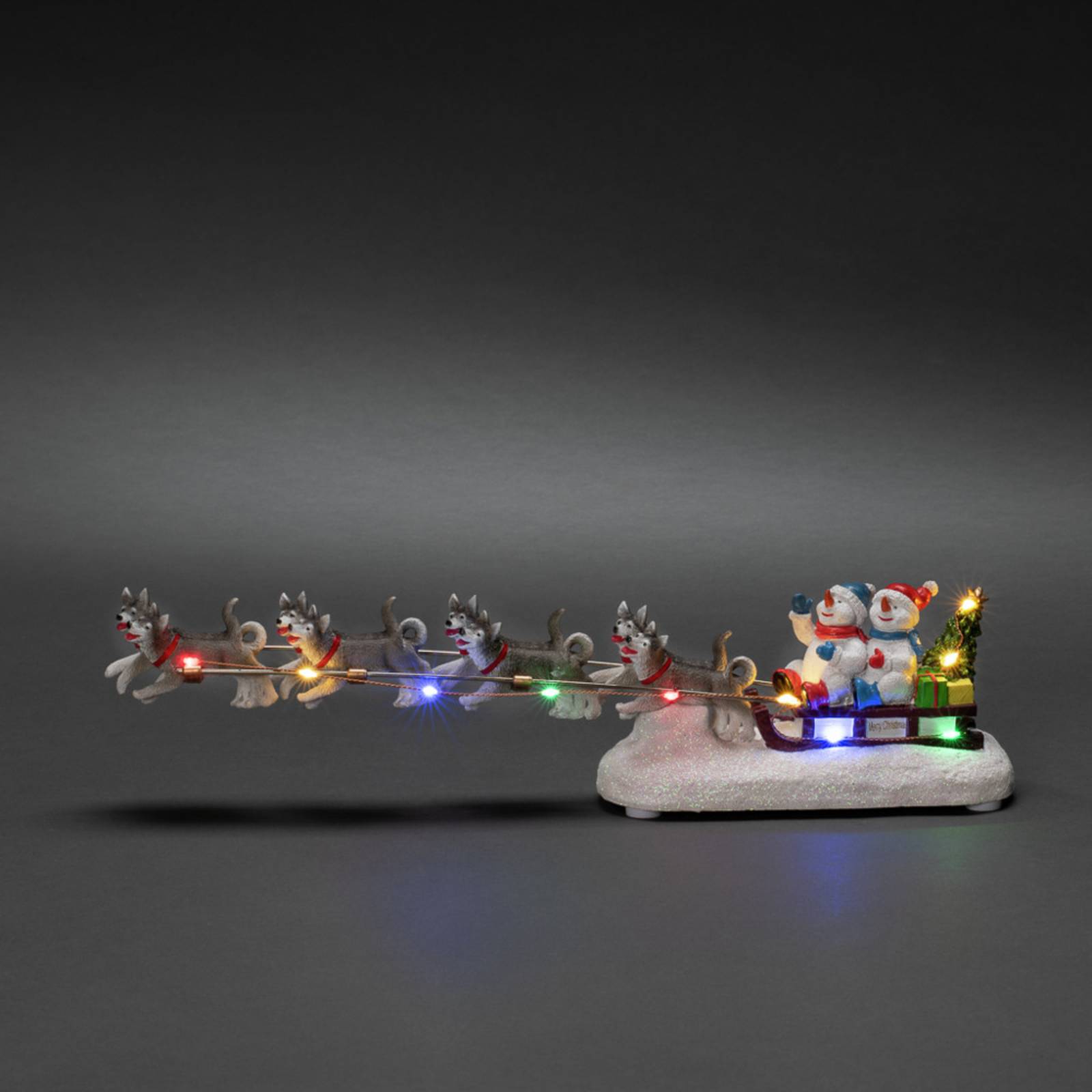 Tischdeko Schneemann mit Hundeschlitten bunte LEDs von Konstsmide Christmas