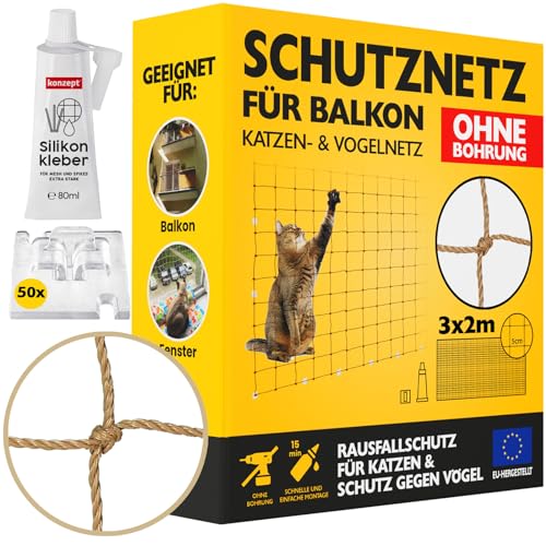 Konzept 11 - Katzennetz für Balkon Ohne Bohren Set 3x2M, Vogelabwehr Sicherheitsnetz für Fenster, Balkon, Katze, Starker Balkonnetz Vogelschutznetz Volierennetz von Konzept 11