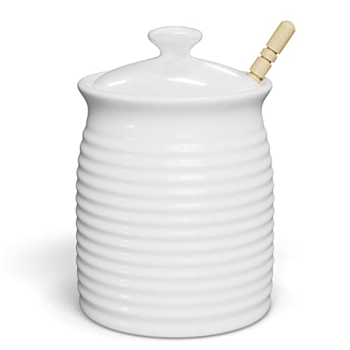 KooK Honigglas aus Keramik mit Deckel, Holzlöffel, kleiner Bienenstock-Honigtopf mit Deckel, langlebiges Steingut, mikrowellen- und spülmaschinenfest, 590 ml, glänzende Oberfläche, Weiß von KooK
