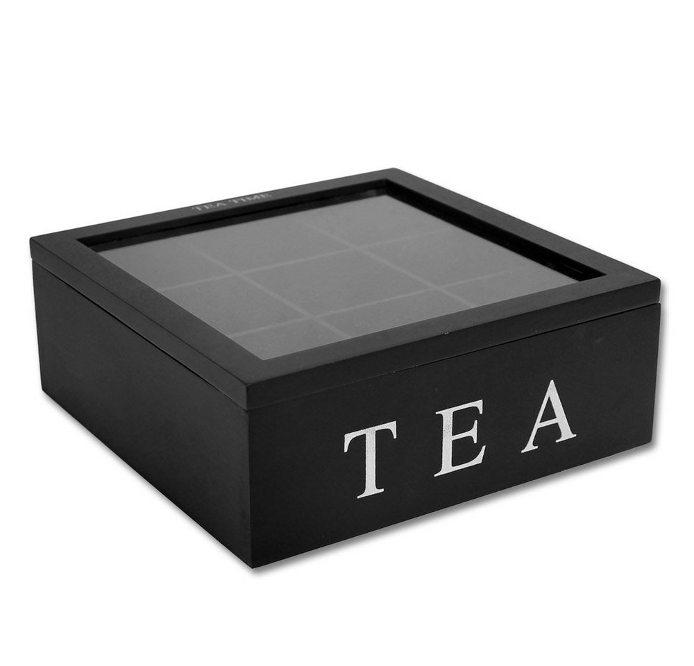 Koopman Teebox Teekiste 9 Fächer Schwarz Teekasten Teebeutel Aufbewahrung Tee Kiste, Holz Box Teebeutelkiste Teebeutelaufbewahrungsbox Sichtfenster von Koopman