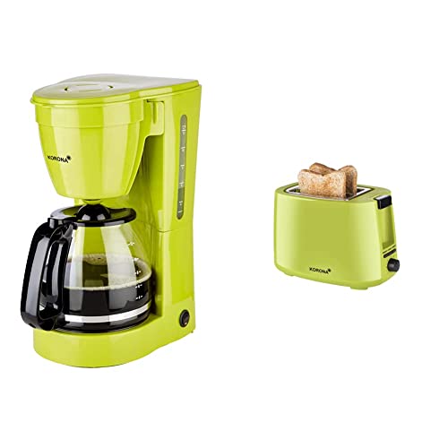 Korona 10118 Kaffeemaschine | Filter Kaffeeautomat für 12 Tassen Kaffee | Grün 800 Watt & 21133 Toaster | grün| 2 Scheiben Toaster | 750 Watt | mit Brötchenaufsatz sowie einer Auftau- und Aufwärmstufe von Korona