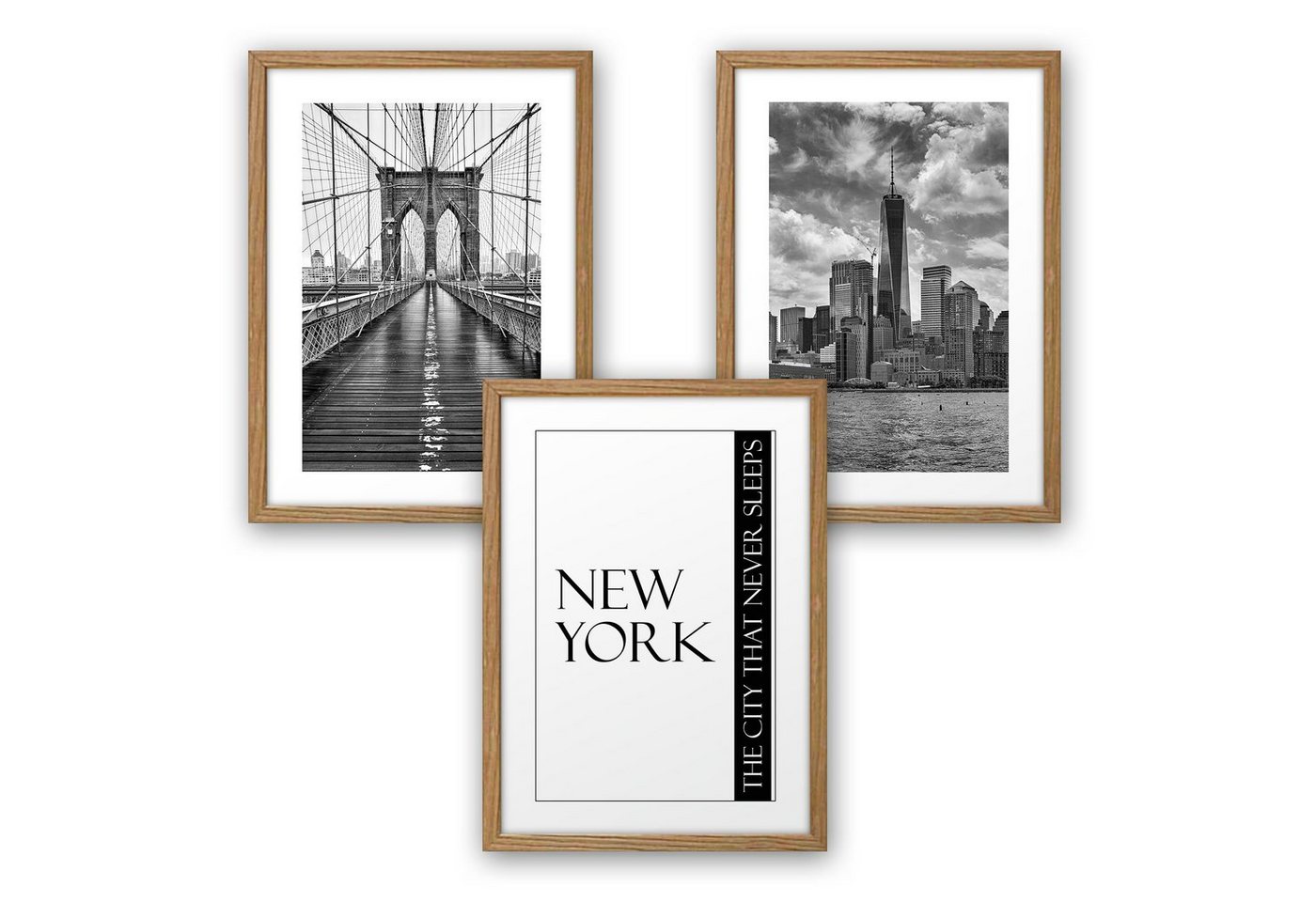 Kreative Feder Poster, New York, City, Stadt, Amerika, Schwarz-Weiß, Brücke, Wolkenkratzer (Set, 3 St), 3-teiliges Poster-Set, Kunstdruck, Wandbild, optional mit Rahmen, wahlw. in DIN A4 / A3, 3-WP061 von Kreative Feder