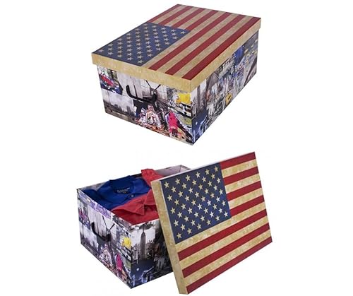 Kreher® 2 Stück Aufbewahrungsbox mit Deckel, Deko Papp-Karton, Stapelbox, 45 Liter mit Griffen, 51 x 37 x 24 cm (USA_New York) von Kreher