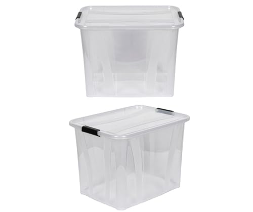 Kreher® XL Aufbewahrungsboxen mit Deckel aus Lebensmittel-geeignetem Kunststoff in Transparent. Stapelbare Lagerboxen für Haushalt, Garage, Industrie (55 Liter, 2er Set) von Kreher