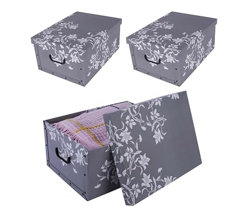 Kreher 3 Stück XL 45 Liter Deko-Kartons, Ordnungsboxen, Stapelboxen mit Deckel und Griffe, 51 x 37 x 24 cm (Barock Blume Grau) von Kreher