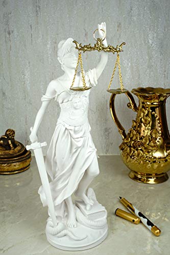 Kremers Schatzkiste Alabaster Justitia Göttin Figur Skulptur runder Sockel BGB Recht Gerechtigkeit 32 cm weiß Gold von Kremers Schatzkiste