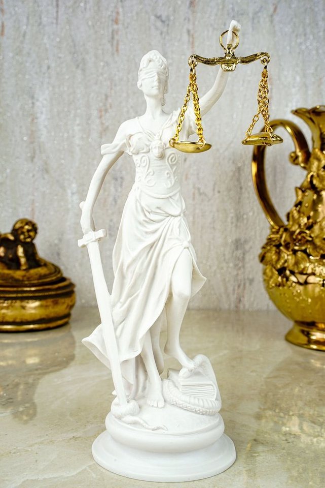 Kremers Schatzkiste Dekofigur Alabaster Justitia Göttin Figur Skulptur runder Sockel BGB Recht Gerechtigkeit 21 cm weiß gold von Kremers Schatzkiste