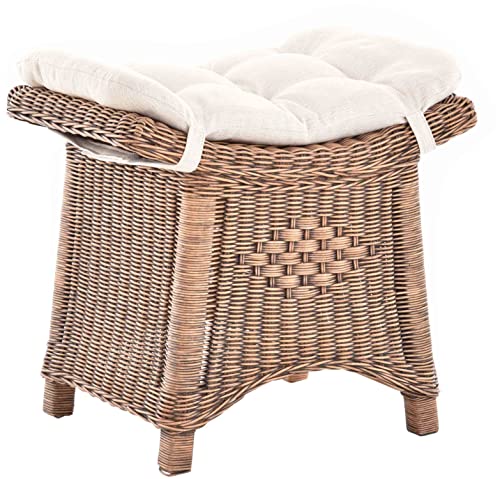 Krines Home Fußhocker mit geschwungener Ablage, Stabiler Sitzhocker/Schemel/Hocker aus echtem Rattan mit Kissen (Vintage Braun) von Krines Home