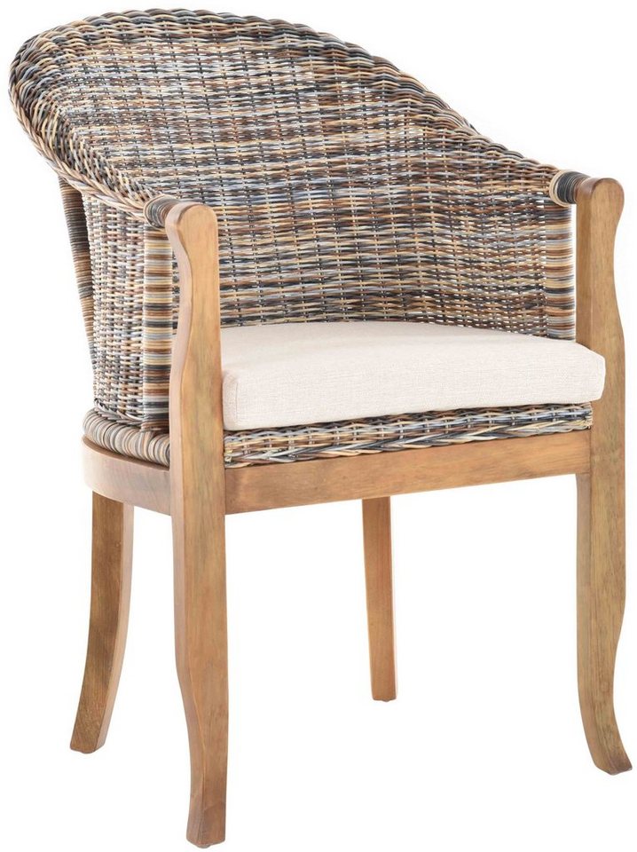 Krines Home Relaxsessel Rattan-Sessel mit Holzbeinen, Sessel aus echtem Rattan- mit Polster, Rattanstuhl, Clubsessel von Krines Home