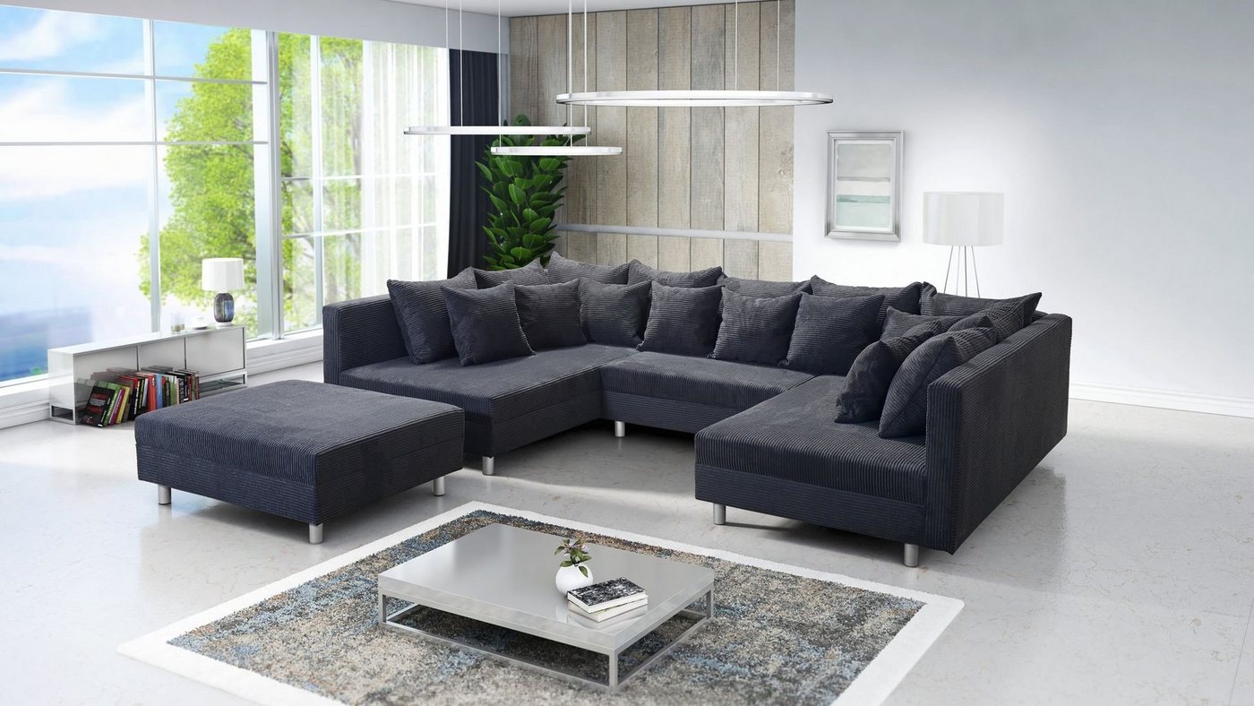 Küchen-Preisbombe Sofa Wohnlandschaft Sofa Couch Ecksofa Eckcouch Cordstoff grau Minsk XXL, Sofa in U-Form mit Hocker von Küchen-Preisbombe